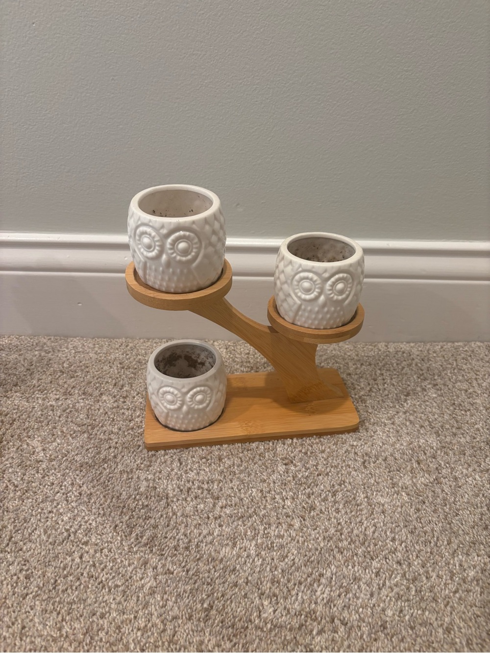White Owl Ceramic Trio Planter Set on Bamboo Stand